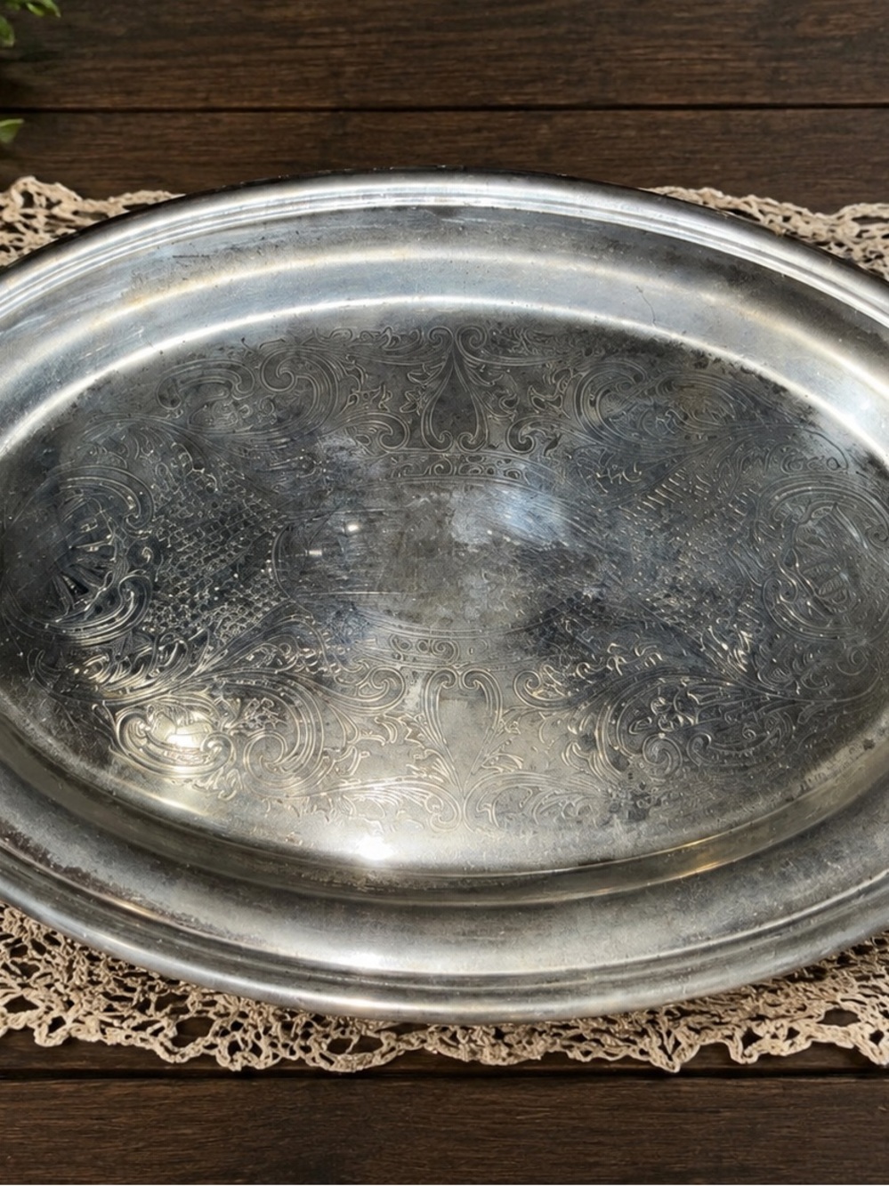 Vintage Silverplate Oval Serving Tray Engraved Floral Scroll 10 Inch